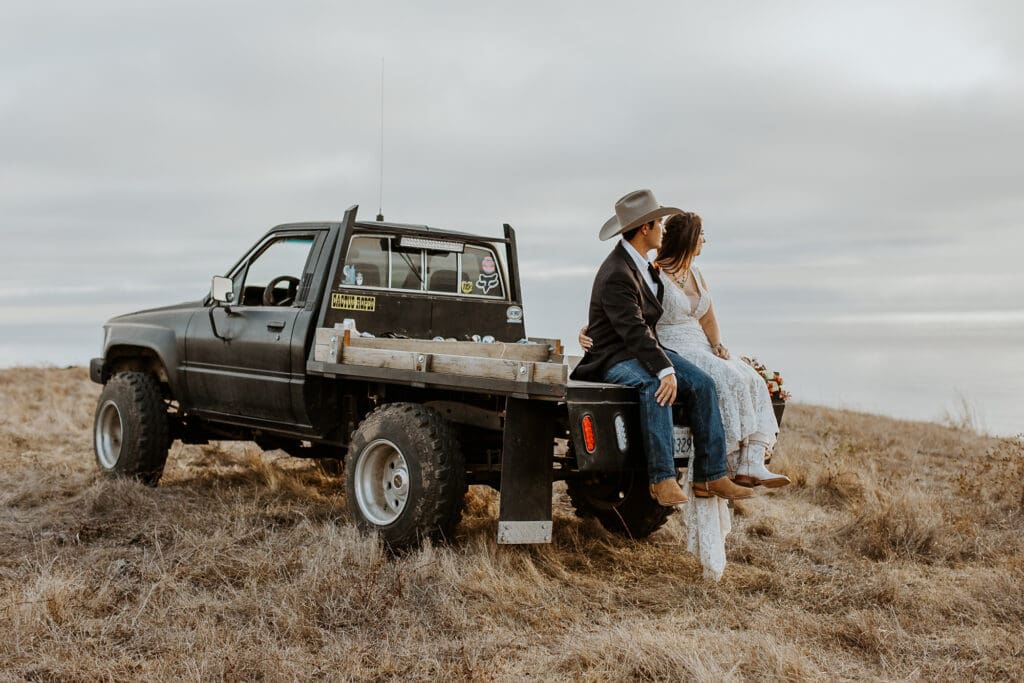 pickup truck elopement sunset